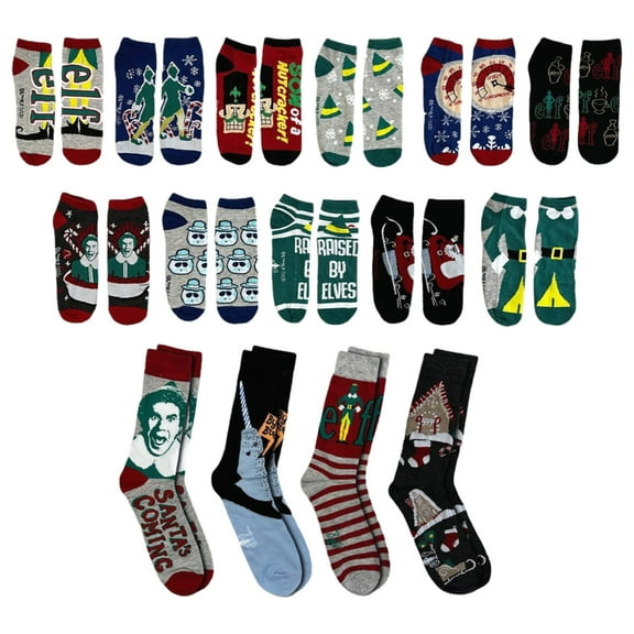 Elf Movie Mens 15 Days of Socks Christmas Holiday Set 4 Pair Crew 11 Low Cut