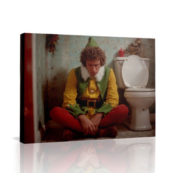 Elf Movie ‘Sad Buddy the Elf in Bathroom’ Humorous Canvas Wall Art Ready to Hang for Living Room