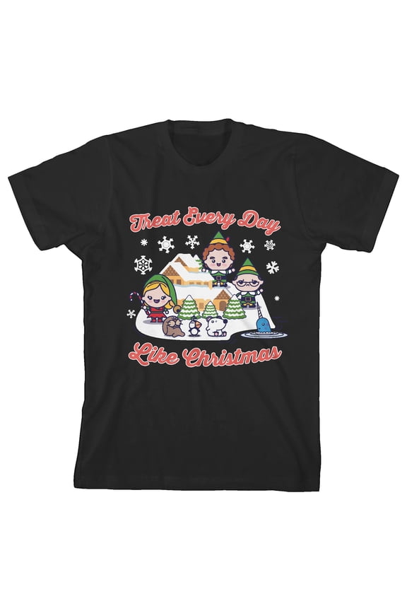 Elf Movie Treat Every Day Like Christmas Chibi Style Elves Toddler Boy's Black Graphic Tee-2T