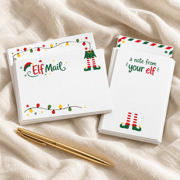 Elf Note Cards - Pack of 50 - 2 Designs - Note From Elf - Holiday Stationery Kit
