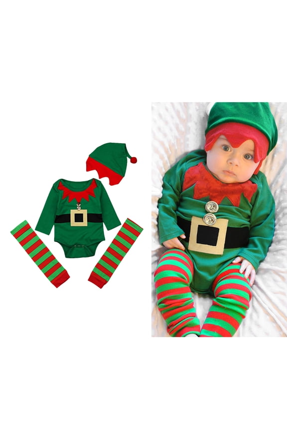 Elf Outfit Toddler Girl Long Sleeve Elf Rompers Jumpsuits Hat Set Holiday Party Dress Baby's First Christmas Outfit 12-18 Months