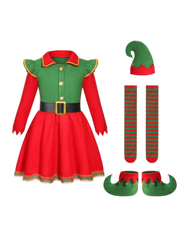 Elf Outfit for Kids Short Sleeve Christmas Elf Dress Girls Hat Set Holiday Outfit Christmas Outfits Girls 5-6 years