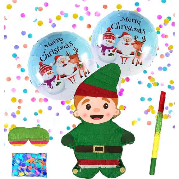Elf Pinatas,Whimsical Christmas Decorations for Themed Celebrations and Holiday Party Games Includes Busterstick, Blindfold, Confetti and 2 Merry Chirstmas Ballons