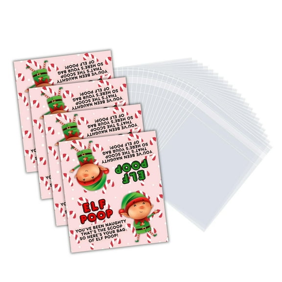 Elf Poop Christmas Chocolate Chips in a Bag Gag Gift 50 Tags & 50 Bags 100 pcs 4X 3.5 Stocking Stuffer Candy Grouch Pills Magical Reindeer Food Sack