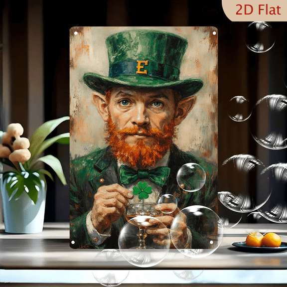 Elf Portrait with Red Beard and Green Suit 8x12in Metal Wall Art, Painterly Oil Style Decor with Clover and Whiskey Glass for Home Office