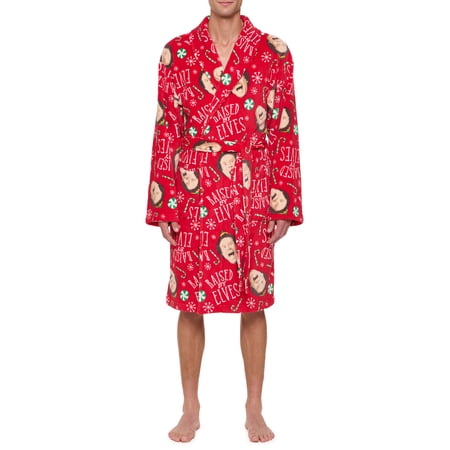 ELF Men's Red Plush Robe with Belt and Pockets, Sleepwear