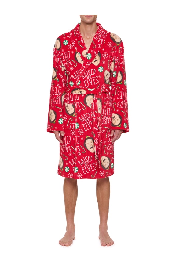 Men's Red Plush Robe with Belt and Pockets, Sleepwear
