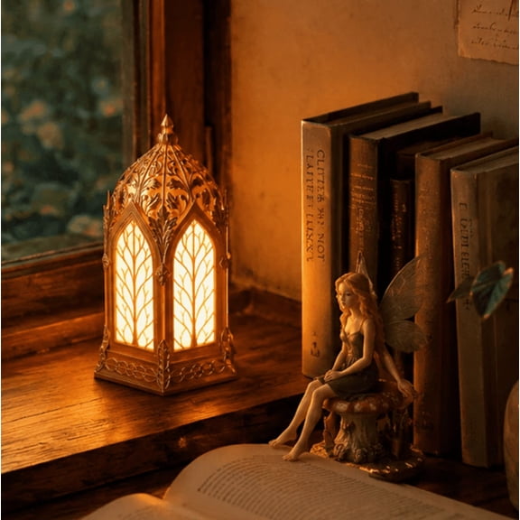 Elf Sanctuary Lamp , Ornate Arch Tree Silhouette Accent Table Lamp, Vintage Carved Metal Frame Warm Glow Night Light for Fantasy Themed Indoor Decor Display