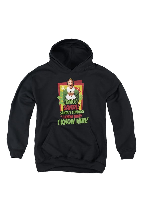 Elf Santa'S Coming! I Know Him! Kids Pull-Over Hoodie (Medium) for Youth Boys and Girls, Black