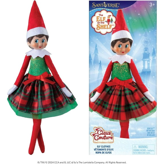 The Elf on the Shelf Claus Couture Gifts and Glamour Party Dress for Your Scout Elf - Includes Timeless Red and Green Plaid Party Dress with Sparkly Green Bodice