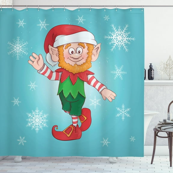 Elf Shower Curtain, Cartoon Design Illustration of a Funky Little Man Dwarf and Snowflakes, Fabric Bathroom Set with Hooks, 69W X 84L Inches Extra Long, Dark Pink and Multicolor, by Ambesonne