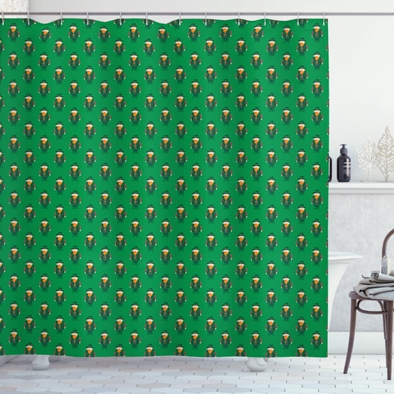 Elf Shower Curtain, Repetitive Pattern of Chunky Irish Man with a Hat and a Pipe, Fabric Bathroom Set with Hooks, 69W X 70L Inches, Green Pale Mustard Orange and Umber, by Ambesonne