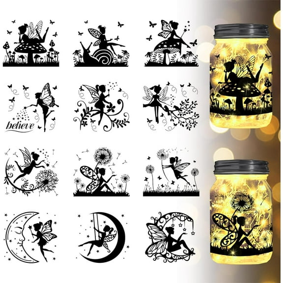 Elf Silhouette Jar Cutouts Paper Window Plastic Fairy Tale Silhouette Wall Lamp Clings Decals Decorations Home Decor Art Mural