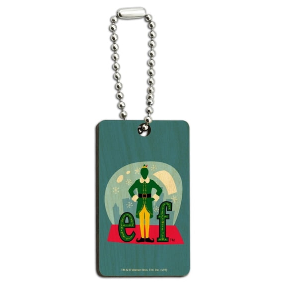 Elf Snow Globed Wood Wooden Rectangle Keychain Key Ring