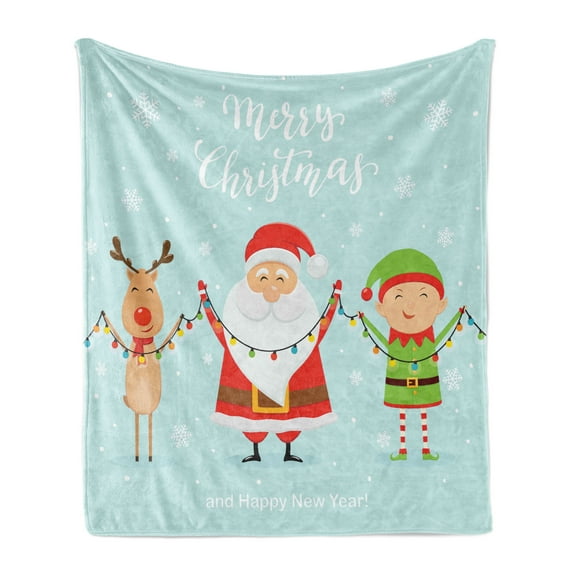 Elf Soft Flannel Fleece Throw Blanket, Santa with Little Reindeer and a Boy Holding Ornaments Merry Christmas, Cozy Plush for Indoor and Outdoor Use, 50" x 70", Pale Blue and Multicolor, by Ambesonne