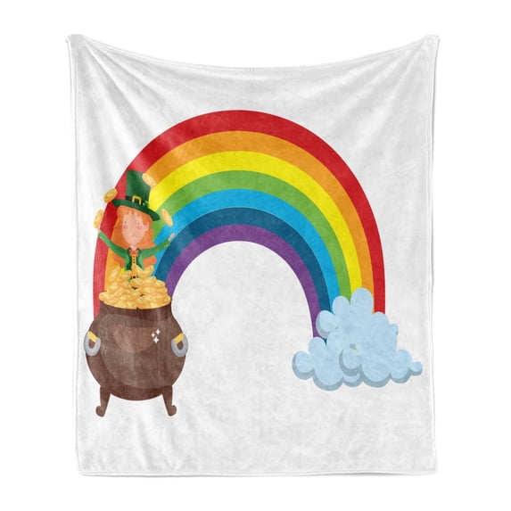 Elf Soft Flannel Fleece Throw Blanket, St Patrick's Day Composition of Rainbow Clouds and Coins Irish Feels, Cozy Plush for Indoor and Outdoor Use, 70" x 90", Multicolor, by Ambesonne