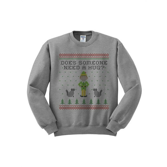 Elf Someone Needs a Hug Christmas Sweatshirt Medium Grey