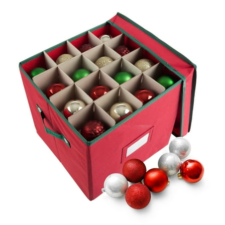 Elf Stor Christmas Decor Storage Box with 64 Compartment Dividers, Riveted Handles and Lid, Red