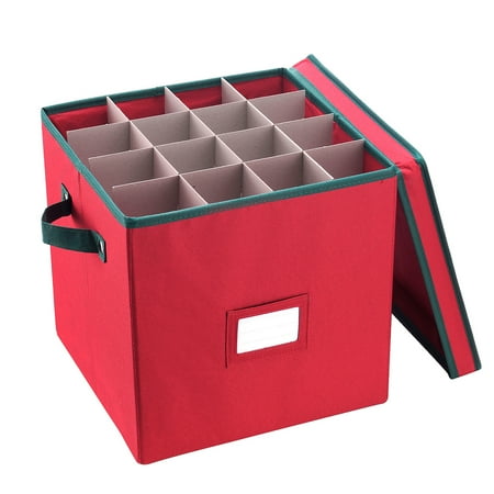 Elf Stor Christmas Decor Storage Box with 64 Compartment Dividers, Riveted Handles and Lid, Red