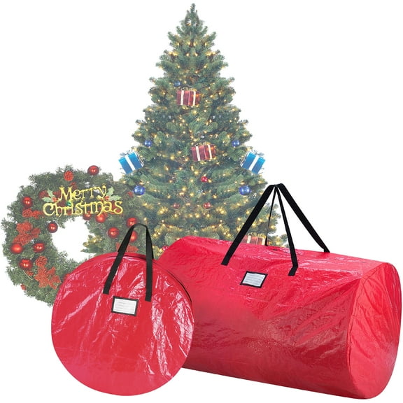 Elf Stor 2-Piece Artificial Christmas Tree and Wreath Storage Bag Set (Red)
