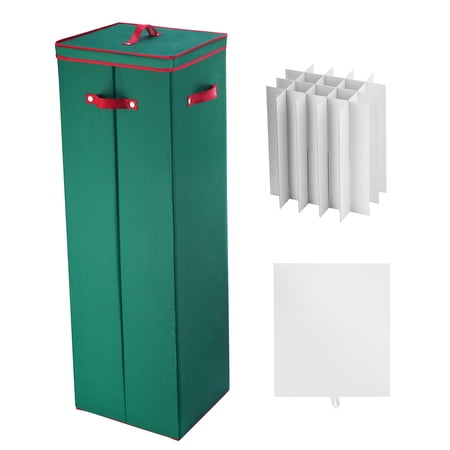 Elf Stor Wrapping Paper Organizer Box with Lid, Divider & Handle, Holds 20 Rolls, Green with Red Trim