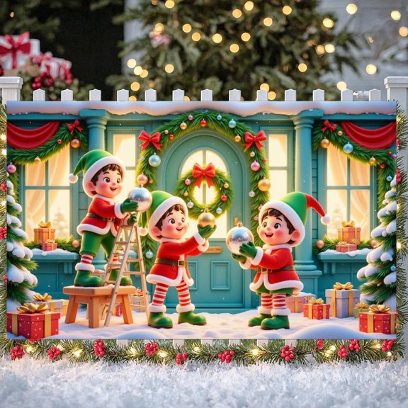 Elf Theme Christmas Banner Christmas Wreath Holiday Banner Gift Box Decor Gold Bow Elf Banner for Christmas Party Home Decoration Holiday Event