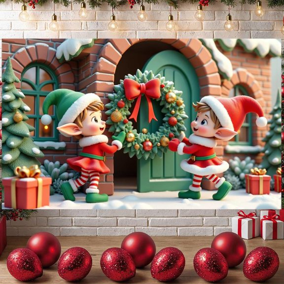 Elf Theme Christmas Banner Red Bow Holiday Wreath Banner Gold Ornaments Green Wreath Festive Wreath Banner for Christmas Party Holiday Decoration Xmas Event
