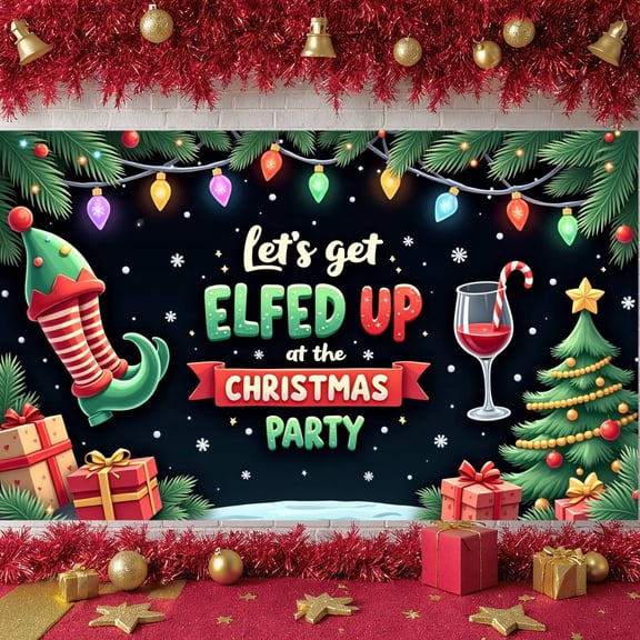 Elf Theme Christmas Party Banner Colorful Lights Holiday Display Festive Decor Red Green Elf Theme Backdrop for Christmas Party Holiday Gathering Home Party