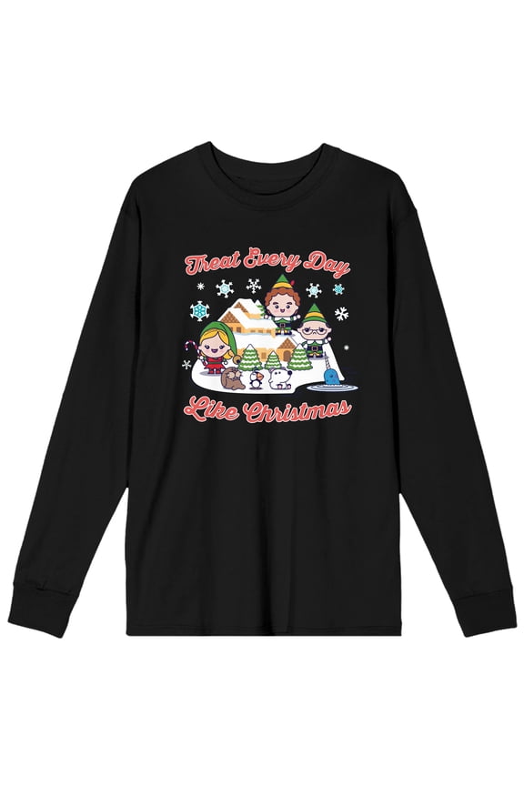 Elf Treat Every Day Like Christmas Men's Black Long Sleeve Shirt-Medium