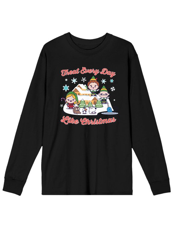 Elf Treat Every Day Like Christmas Men's Black Long Sleeve Shirt-Small