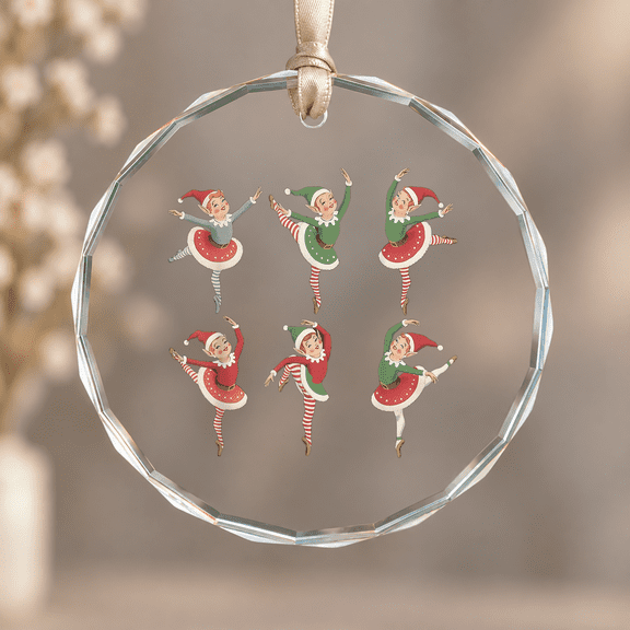 Elf Vintage Dancer Christmas Ballet Tree Ornament, Holiday Keepsake Gift, Circle Glass Ornament