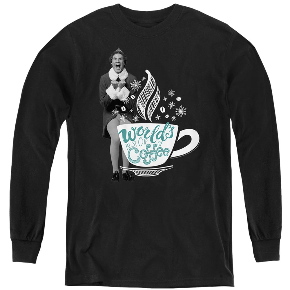 Elf World'S Best Cup Of Coffee Kids Long Sleeve T Shirt (Large) for Youth Boys and Girls, Black