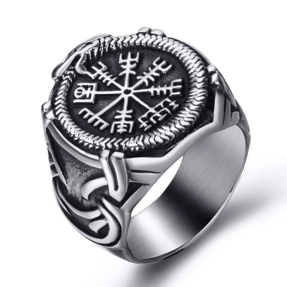 Elfasio Viking Rings Valknut Pirate Compass Norse Scandinavian Text Symbol Men Stainless Steel Vintage Jewelry Size 10