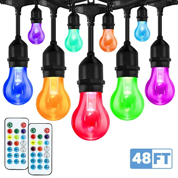 Elfeland LED Outdoor String Lights, 48FT Patio Lights RGB Multicolor String Lights Dimmable Hanging Lights Backyard Garden Lights Party Cafe Lights