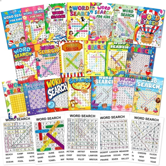Elfew 20 Pack Large Print Word Search Puzzle Books for Kids Ages 3–12, Portable Educational Travel Learning Activity Workbook Set