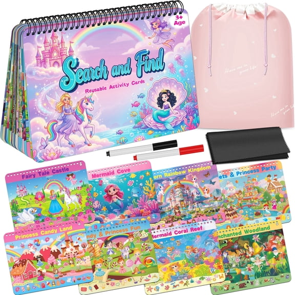 Elfew Girls Themed Search and Find Reusable Activity Book, Portable Travel Busy Book with Storage Pouch and Markers, Educational Gift for Kids 3-8