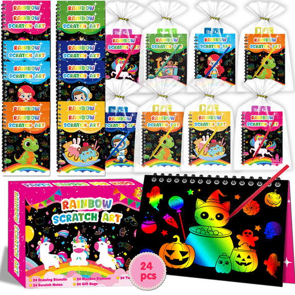 Elfew Rainbow Scratch Art Set for Kids  24 Scratch Notes, 24 Stencils, 24 Wooden Styluses, 24 Goodie Bags, 1 Gift Box  Creative Craft Kit