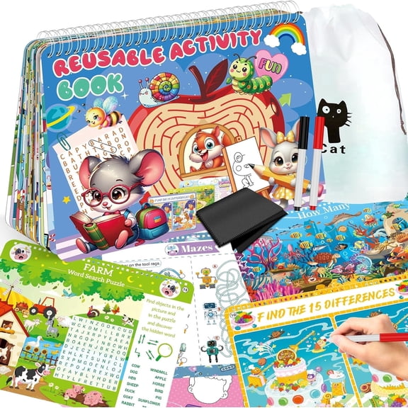 Elfew Reusable Travel Game Set for Kids – Activity Book (30 Activities), Storage Bag, 2 Markers, Erasable Cloth – Fun for Car, Plane, Road Trips