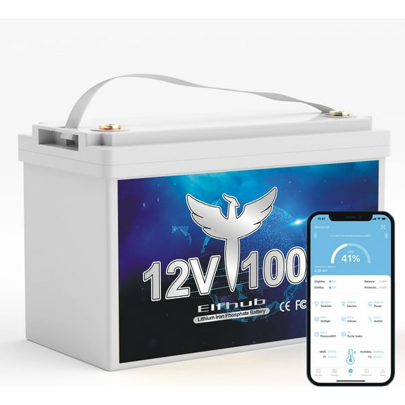 Elfhub 12V 100Ah Bluetooth LiFePO4 Lithium Battery, 100A BMS,Low temperature protection with Up to 8000 Cycles, Max. 1280Wh Energy LiFePO4 Battery, Perfect for RV, Solar, Trolling Motor,Off-Grid, Boat