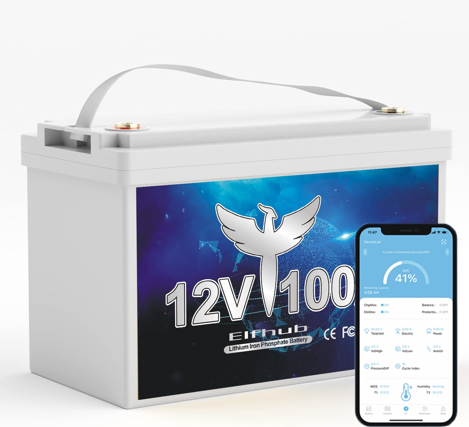 Elfhub 12V 100Ah Bluetooth LiFePO4 Lithium Battery, 100A BMS,Low temperature protection with Up to 8000 Cycles, Max. 1280Wh Energy LiFePO4 Battery, Perfect for RV, Solar, Trolling Motor,Off-Grid, Boat