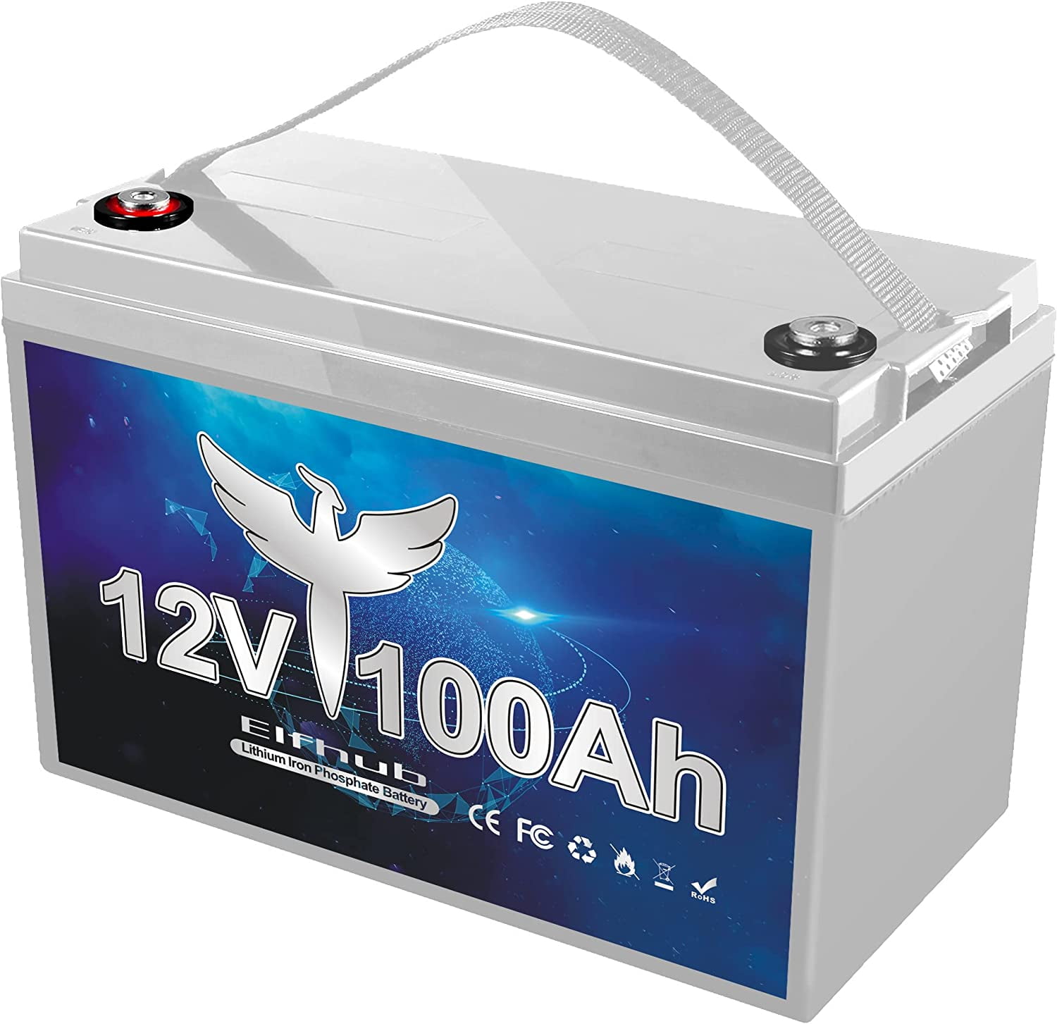 Elfhub 12V 100Ah Lithium Battery, 1280Wh LiFePO4 Battery with 100A BMS,  Over 5000+ Rechargeable Cycles. Perfect for RV/Camper, Solar, Off-Grid,  Boat, Marine, Trolling Motor, Road-Trip.Support 4S/8P 