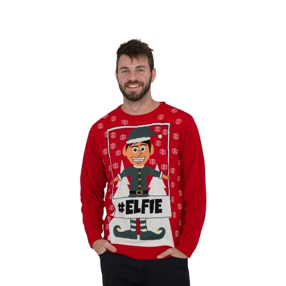 #Elfie Hashtag Elf Men's Full Body with Snowflakes Red Ugly Christmas Sweater