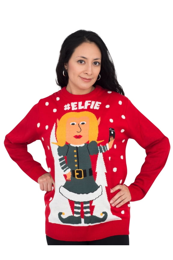 #Elfie Hashtag Elf Women's Full Body with Snowflakes Red Ugly Christmas Sweater