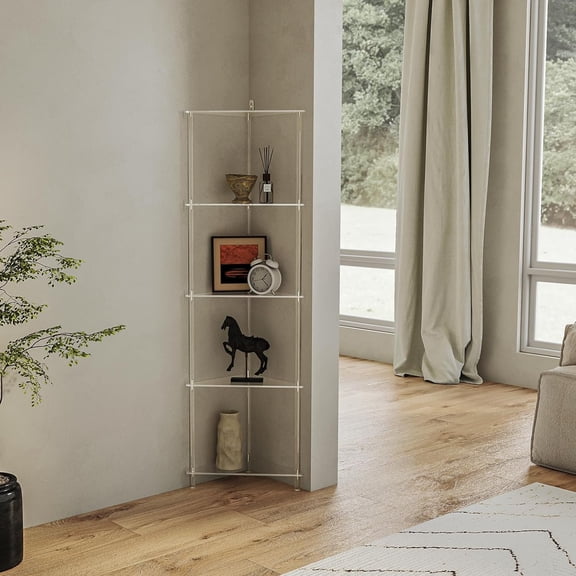 Elgaf Acrylic 5-Tier Corner Shelf Stand - 11.7'' W Corner Display Shelves Storage Shelf for Collectibles, Plants, Books, 11.7 D x 11.7'' W x 53.3'' H, Triangle, Clear