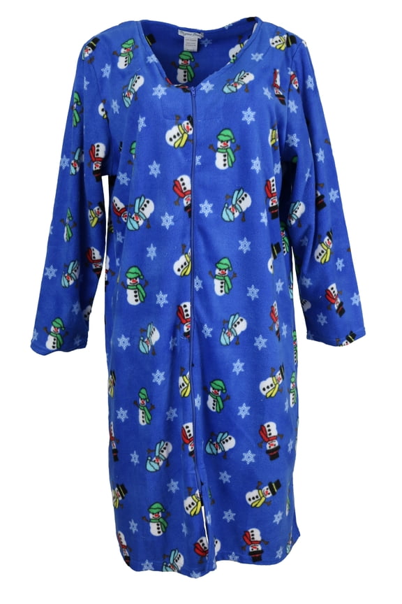 Elgant Emily Women's 100% Polyester Fleece Zipper Front Duster Robe-Blue Winter Snowmen-Large