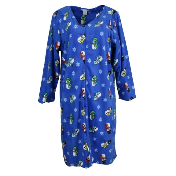 Elgant Emily Women's 100% Polyester Fleece Zipper Front Duster Robe-Blue Winter Snowmen-XLarge