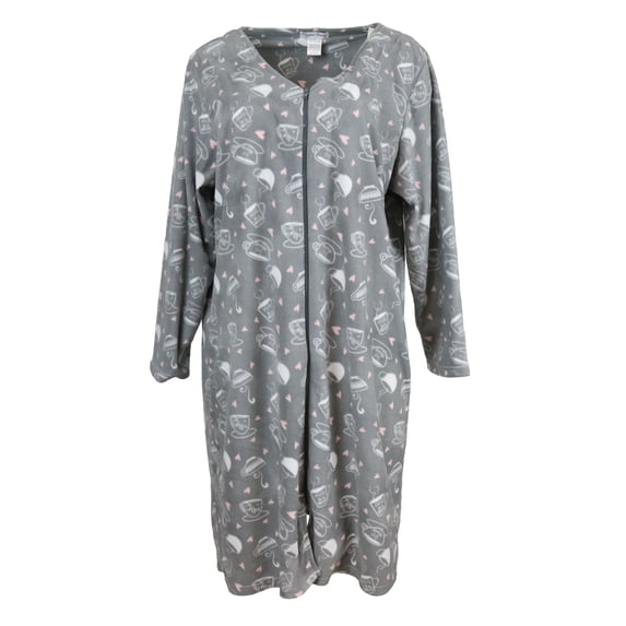 Elegant Emily Women's 100% Polyester Fleece Zipper Front Duster Robe-Grey Coffee Lover-3X