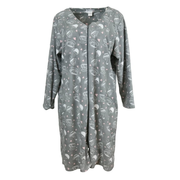 Elgant Emily Women's 100% Polyester Fleece Zipper Front Duster Robe-Grey Coffee Lover-Medium