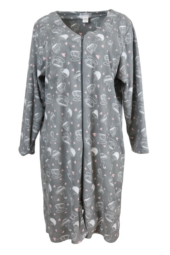 Elgant Emily Women's 100% Polyester Fleece Zipper Front Duster Robe-Grey Coffee Lover-Medium
