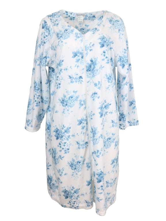 Elgant Emily Women's 100% Polyester Fleece Zipper Front Duster Robe-Navy Blue Floral-XLarge